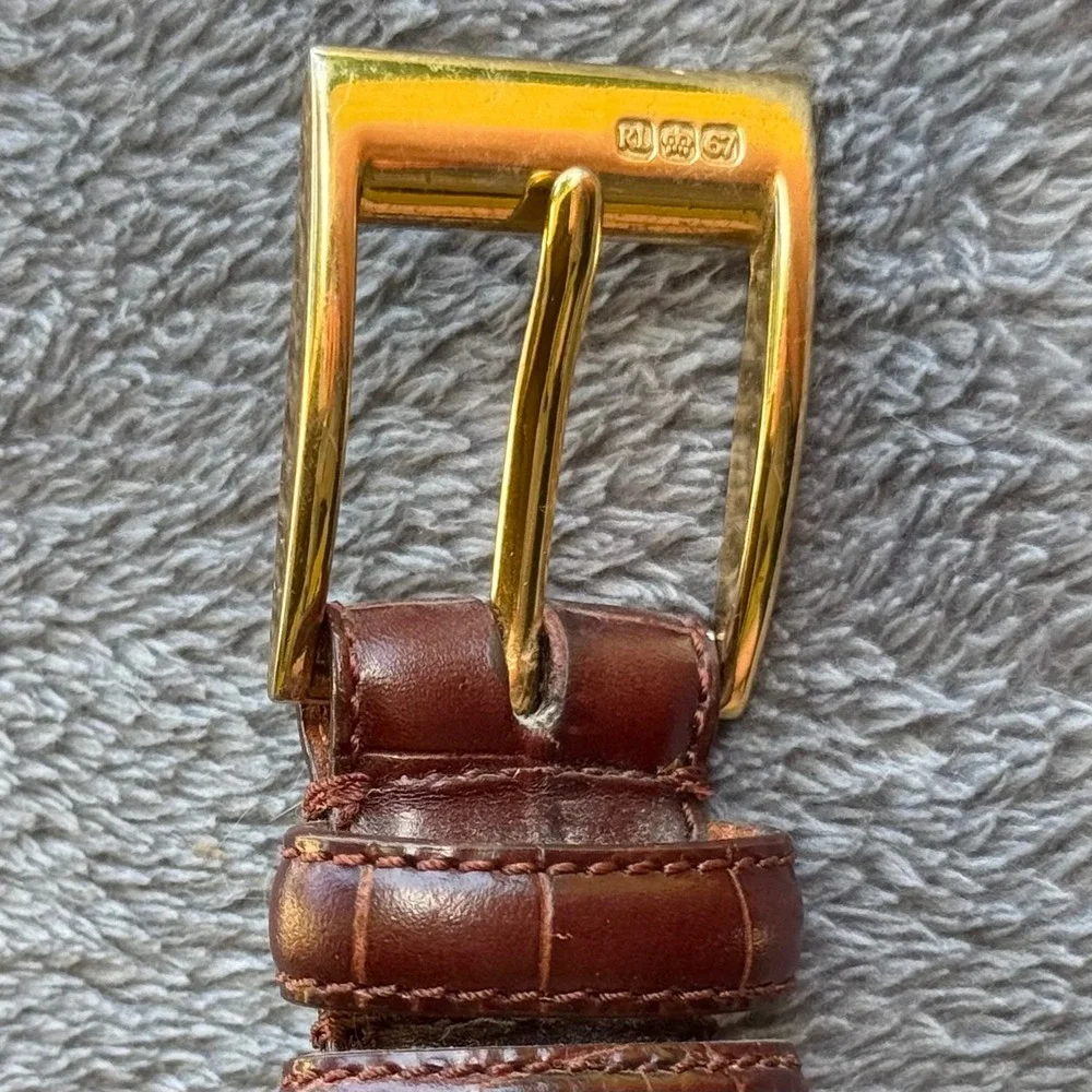 Ralph Lauren Mens Brown Crocodile Embossed Leather Belt Gold Buckle Dress Belt M - Picture 8 of 14